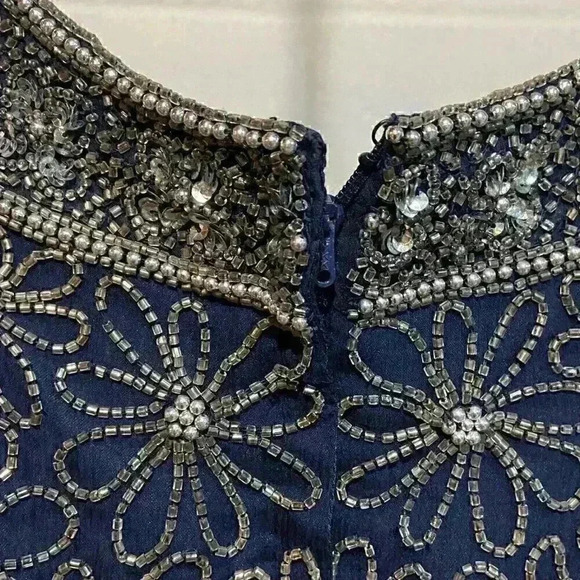 VTG Adrianna Papell Occasions SS Blouse 10 Navy Silk Beaded Cocktail Wedding - Picture 4 of 7